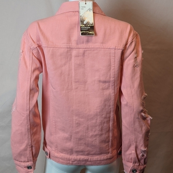 Pink Distressed Ripped Sleeve Denim Jean Jacket size Medium - Picture 4 of 6